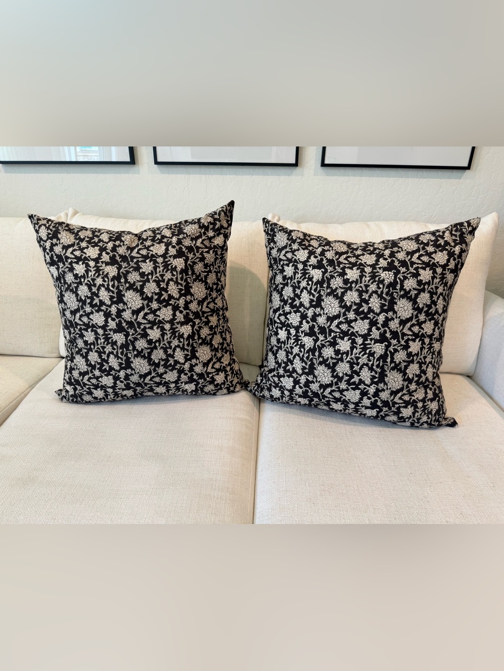 Set of Two 22 x 22 Black Floral Block Print Throw Pillow Hackner Home